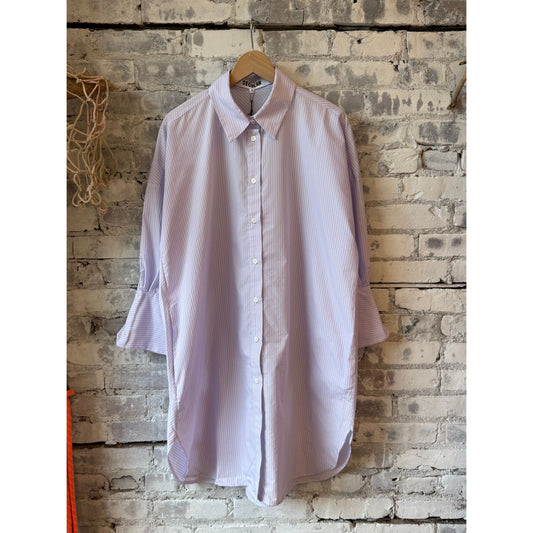 Women's Kelly Shirt Dress by Secular in lavender stripe, featuring a relaxed fit with button-front and collar, perfect for casual wear.
