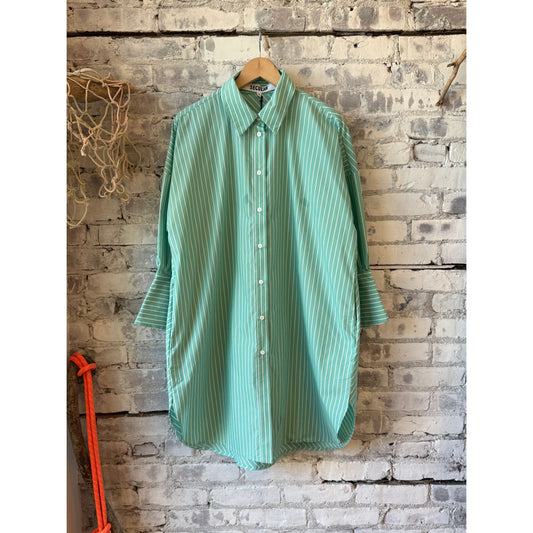 Women's Secular Kelly Shirt Dress in turquoise and white stripe, featuring a relaxed fit and button-front design.
