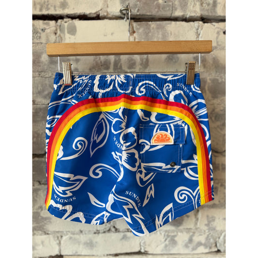Sundek Kid's Archive Hibiscus print elastic waist boardshort in vintage sapphire with floral design and adjustable waistband.