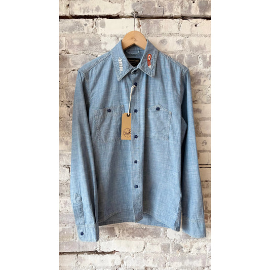 Men's Kodiak Work Shirt in stone-washed chambray fabric, featuring a classic fit and durable construction by East Harbour Surplus.