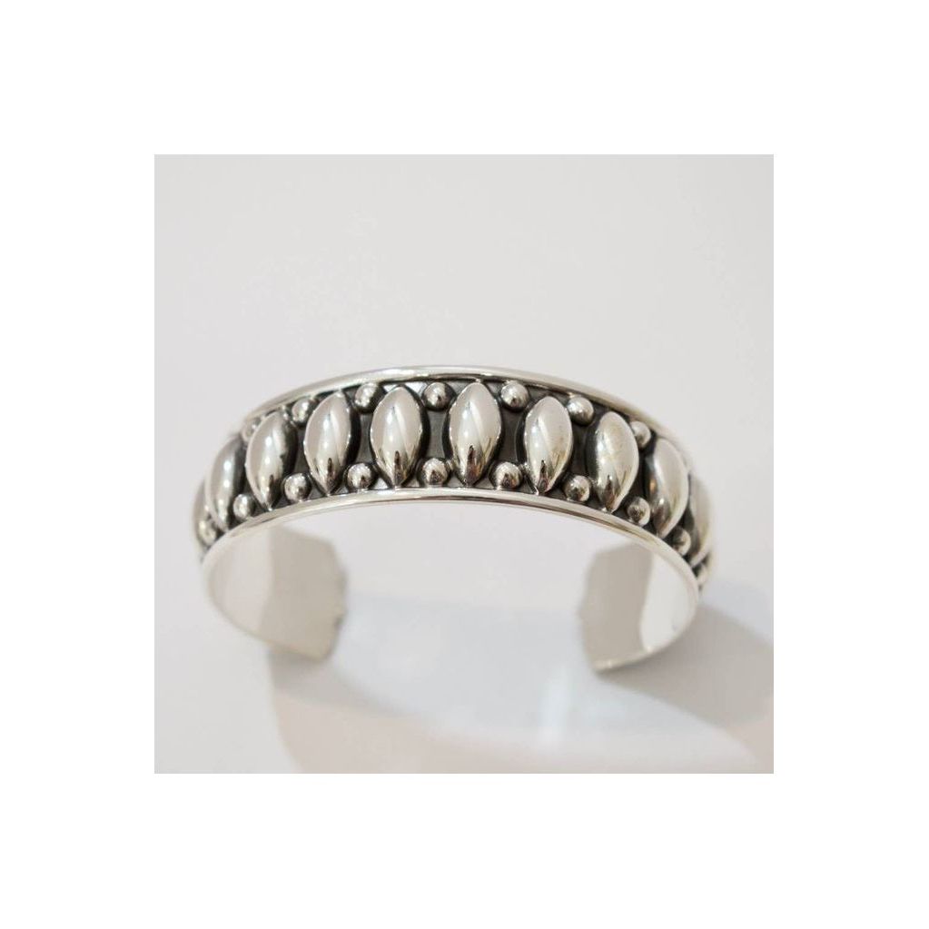 Sterling silver oxidized cuff bracelet from Krystyna's Silver with a textured, vintage-inspired design.