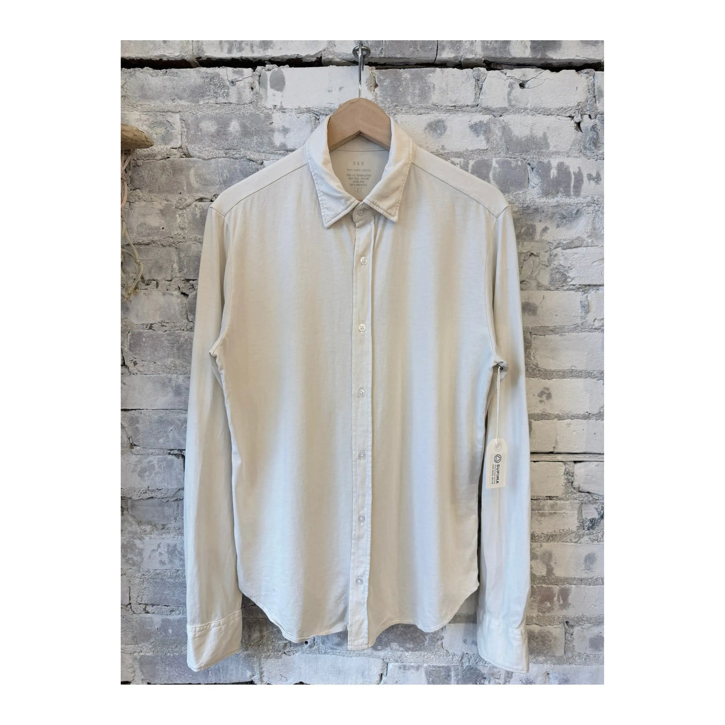 Men's long sleeve Supima Jersey Easy Shirt in Ash by Save Khaki United, showing a casual fit with a smooth jersey fabric.