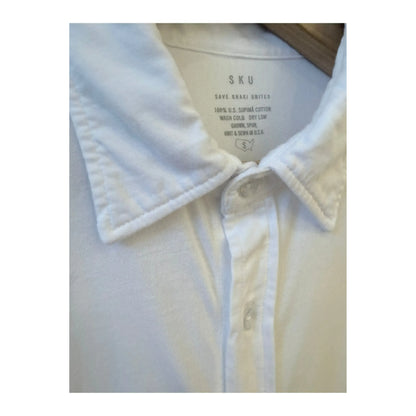 Men's white long-sleeve Supima jersey easy shirt by Save Khaki United, shown laid flat with button details.