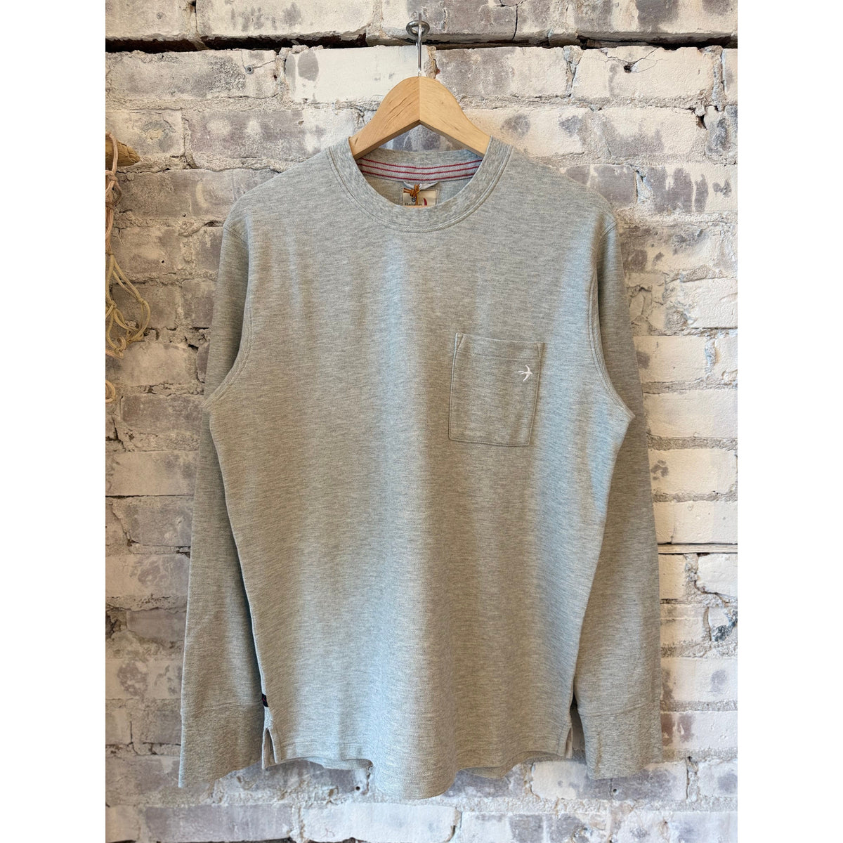 Men's long sleeve vintage pique crewneck in light grey heather by Relwen, featuring textured fabric and classic fit.