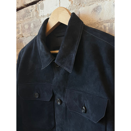 Men's Ralph Lauren Lamb Suede Ashdale Shacket in navy, featuring a stylish, textured suede fabric and classic shacket design.