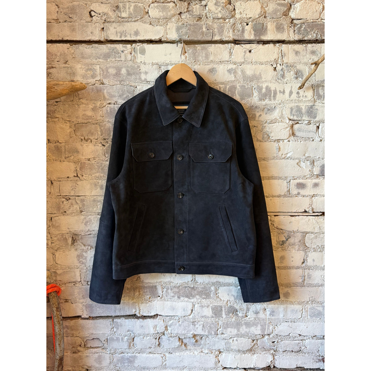 Men's navy Lamb Suede Ashdale Shacket by Ralph Lauren, featuring soft suede fabric and classic design for stylish layering.
