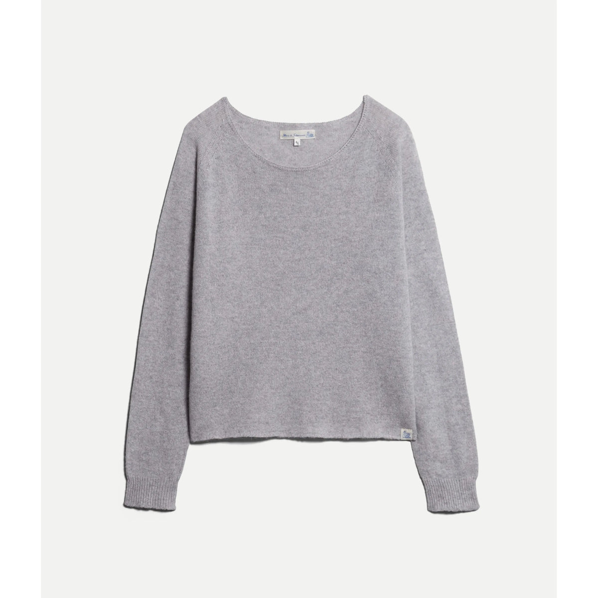 Women's lightweight Merz b. Schwanen crew neck sweater in grey melange, made from merino wool, cashmere, and silk blend.