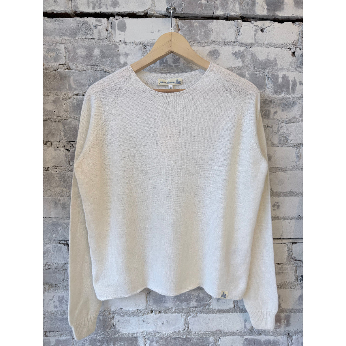 Women's lightweight Merz b. Schwanen Merino wool, cashmere, and silk crew sweater in natural color, soft and cozy fabric blend.