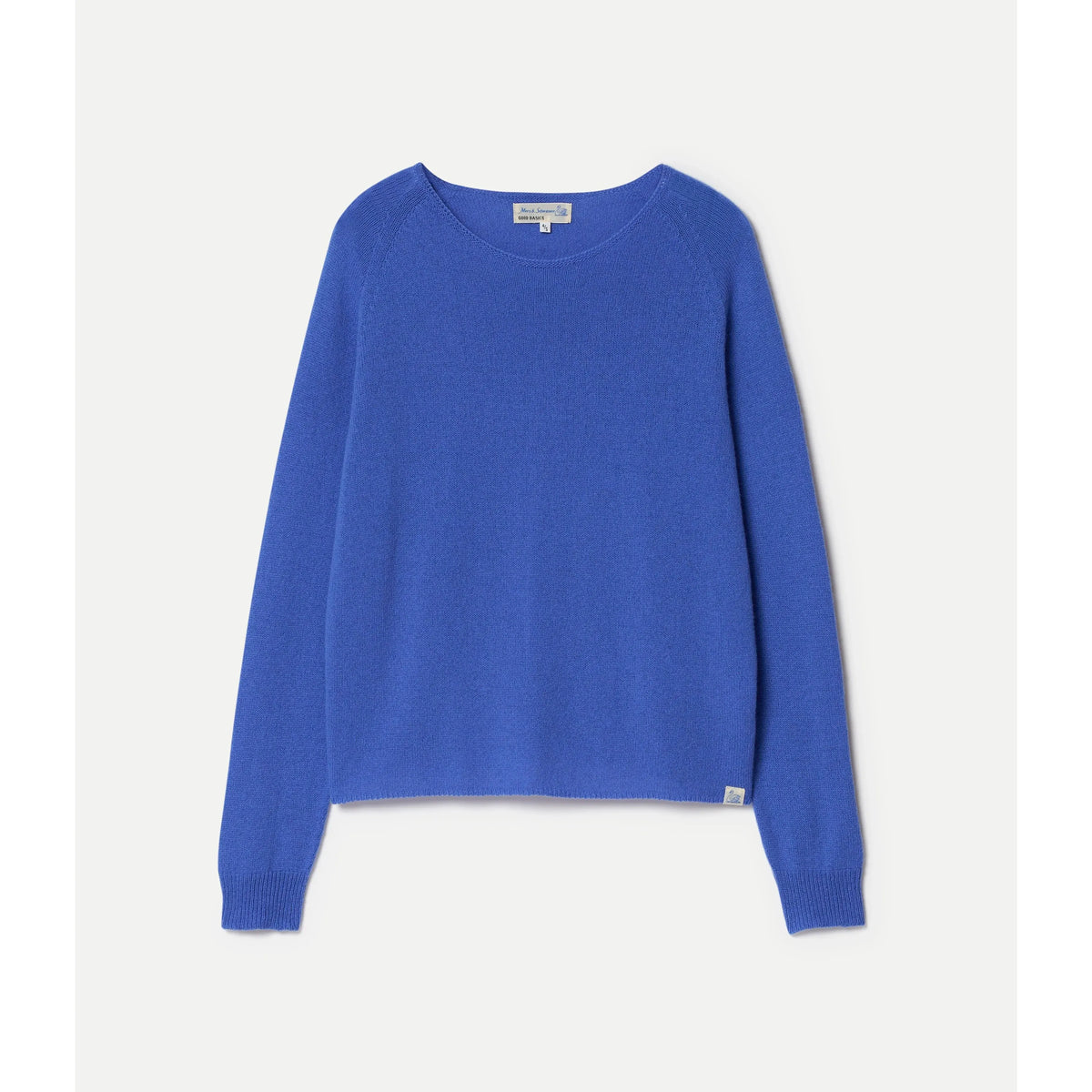 Women's lightweight Merz b. Schwanen crew neck sweater in washed blue merino wool, cashmere, and silk blend.
