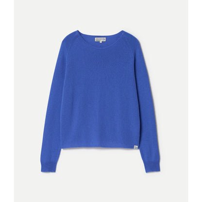 Women's lightweight Merz b. Schwanen crew neck sweater in washed blue merino wool, cashmere, and silk blend.