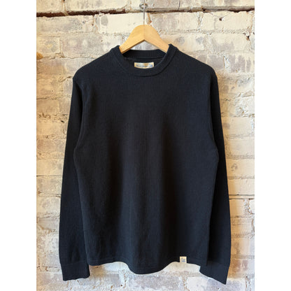 Men's dark navy lightweight waffle knit sweater by Merz B. Schwanen, featuring a textured waffle pattern and comfortable fit.