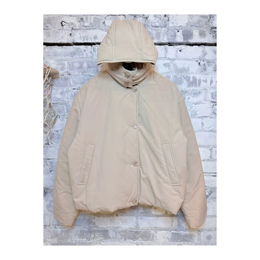 Women's Khaki Loz Padded Jacket by LAMARQUE, showing the insulated, stylish outerwear with a high collar and quilted design.