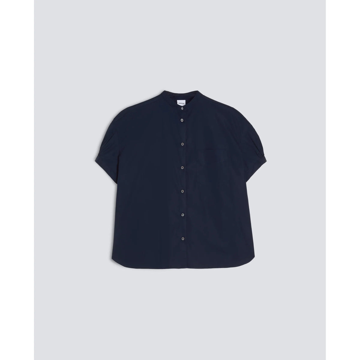 Women's navy cotton poplin shirt with mandarin collar by Aspesi, showcasing a stylish and comfortable button-up design.
