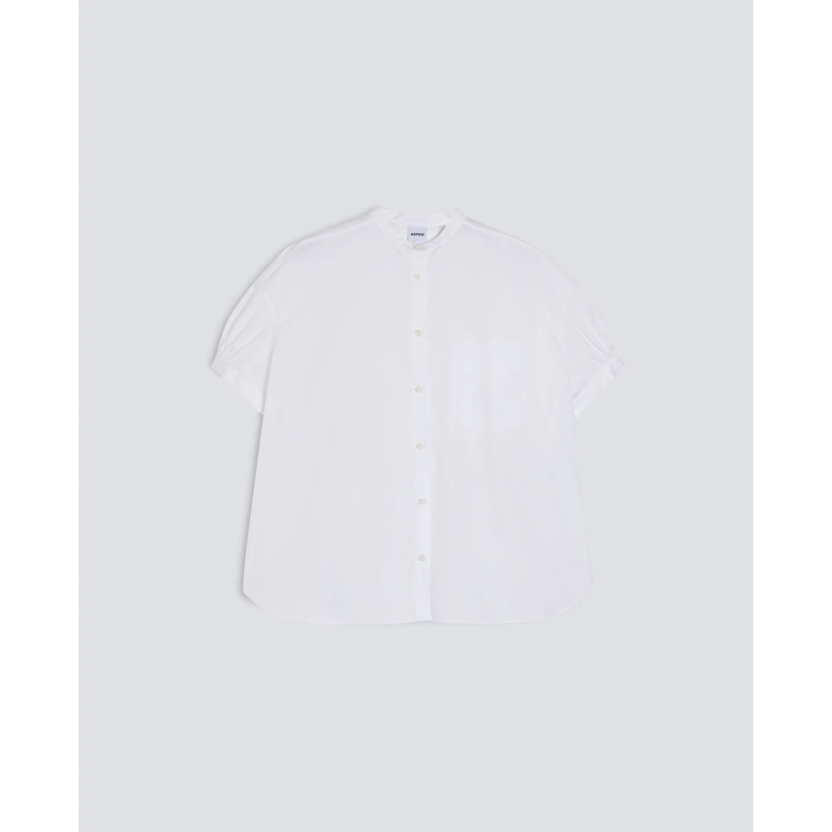 Women's white cotton poplin shirt with mandarin collar by Aspesi, showcasing a tailored fit and smooth fabric texture.