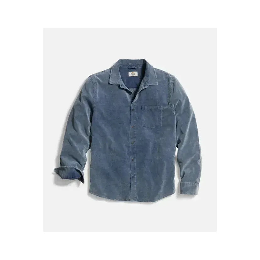 Men's lightweight indigo corduroy shirt by Marine Layer, shown laid flat with button-down front and collar.