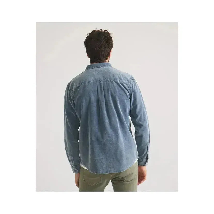 Men's lightweight corduroy shirt in indigo by Marine Layer, shown in a casual fit with button-down collar and textured fabric.