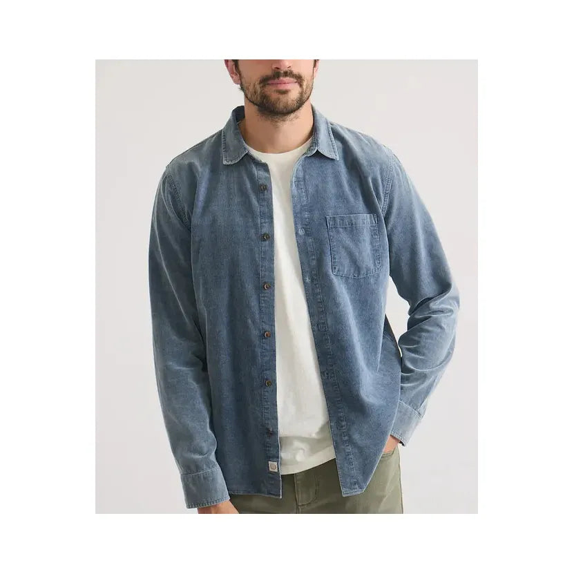 Men's indigo lightweight corduroy shirt by Marine Layer, shown in a close-up of the textured fabric and classic collar style.