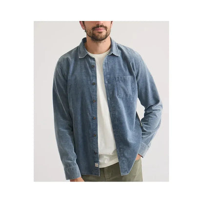 Men's indigo lightweight corduroy shirt by Marine Layer, shown in a close-up of the textured fabric and classic collar style.