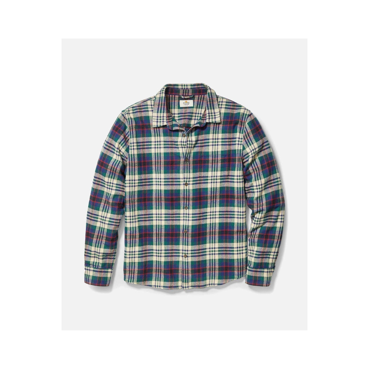 Men's Marine Layer Tahoe Flannel Shirt in navy multi plaid with long sleeves and button front, casual and warm.