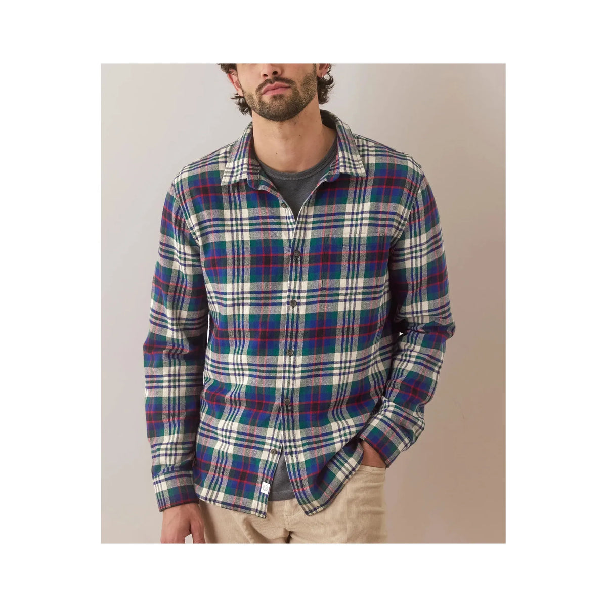 Men's Marine Layer Tahoe Flannel Shirt in multi plaid, featuring a classic button-up design and soft flannel fabric.