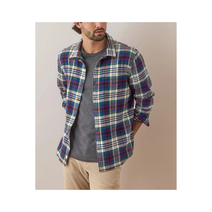Men's Marine Layer Tahoe Flannel Shirt in multi plaid, featuring a classic button-up design and cozy fabric.