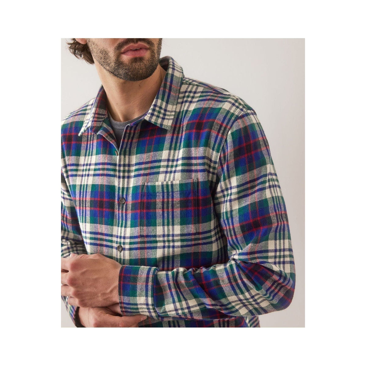 Men's Marine Layer Tahoe Flannel Shirt in multi plaid, featuring a classic button-up design and cozy flannel fabric.