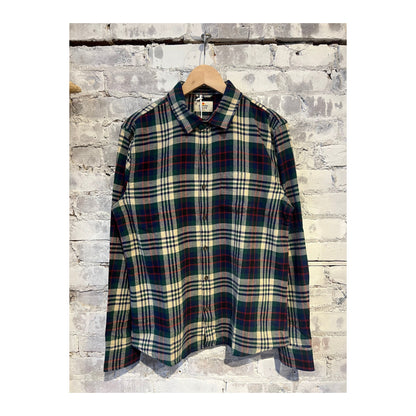 Men's Marine Layer Tahoe Flannel Shirt in multi-colored plaid pattern, featuring button-up front and classic collar.