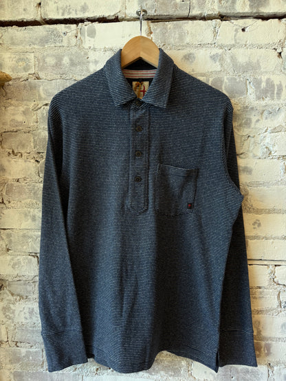 Men's navy stripe Mariner Polo by Relwen, featuring a classic fit and breathable cotton fabric.