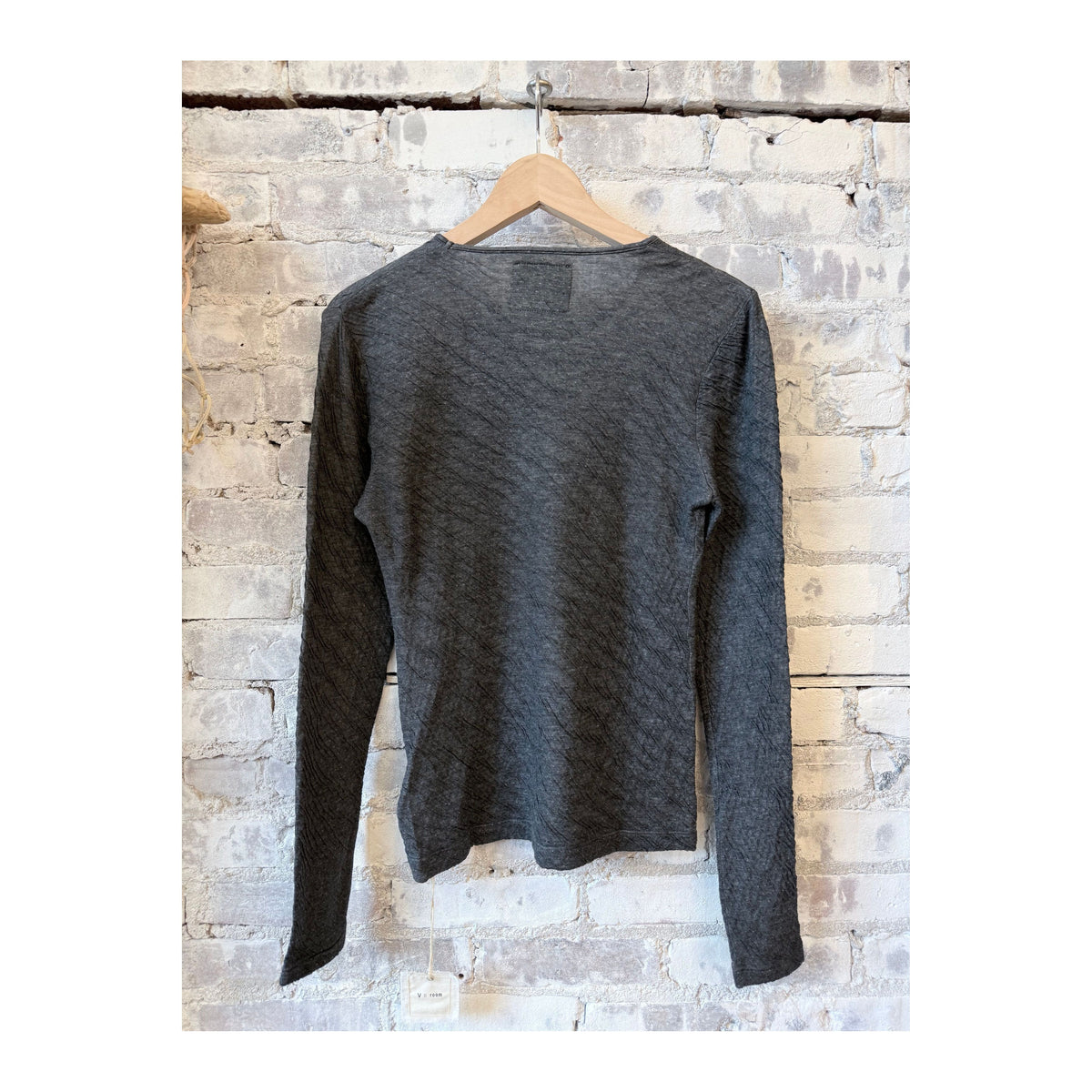Women's Heather Charcoal Melange Double Face LS Crew by V::Room, showing the soft, double-faced fabric and relaxed fit.