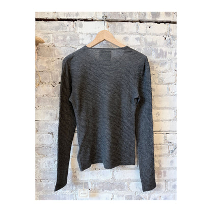 Women's Heather Charcoal Melange Double Face LS Crew by V::Room, showing the soft, double-faced fabric and relaxed fit.
