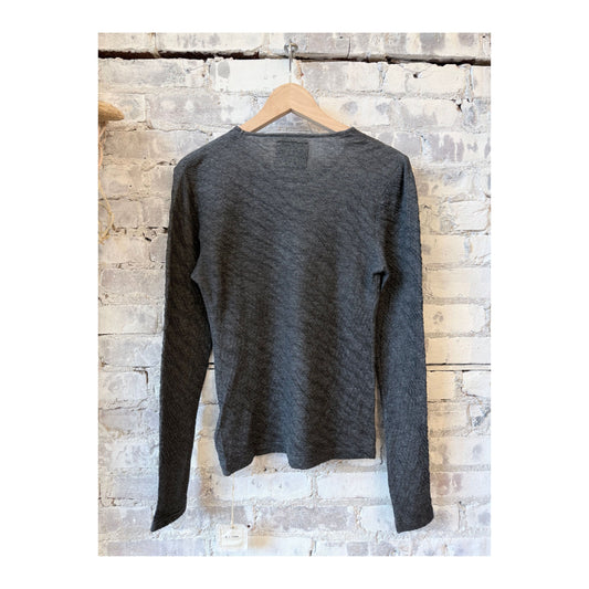 Women's Heather Charcoal Melange Double Face LS Crew by V::Room, showing the soft, double-faced fabric and relaxed fit.