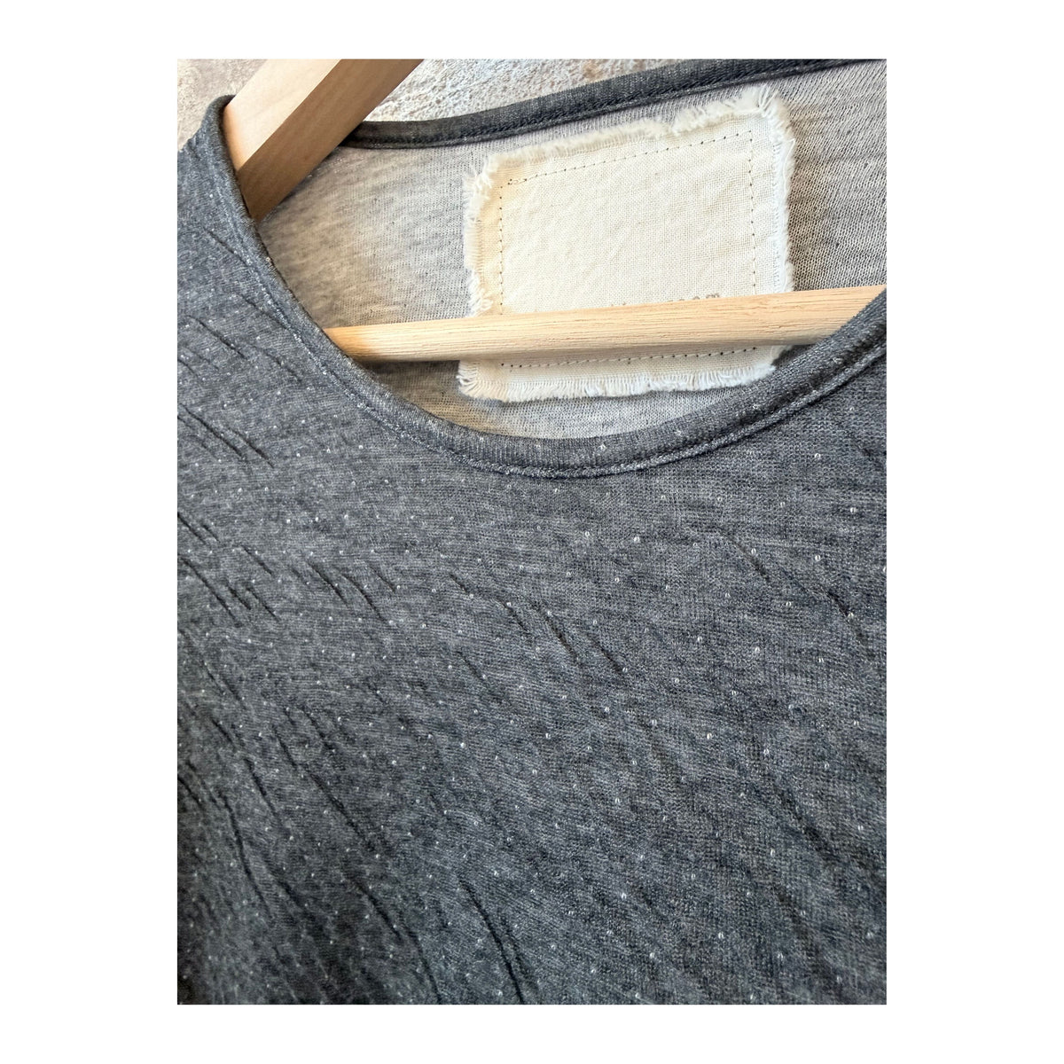 Women's V::Room Melange Double Face LS Crew in Heather Charcoal, showing the soft, double-faced fabric and relaxed fit.