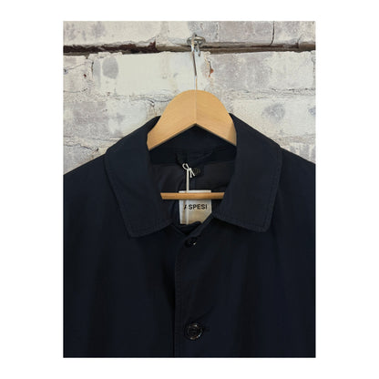 Men's navy Aspesi 2-in-1 garment dyed car coat, showcasing the stylish outerwear with a button-up front and tailored fit.