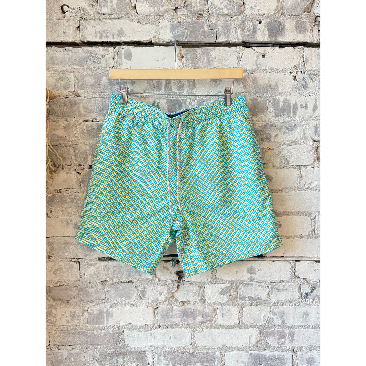 Men's cyclist liner swim trunks with wave print in aqua and yellow by Michael's Swim, featuring a comfortable fit and vibrant design.