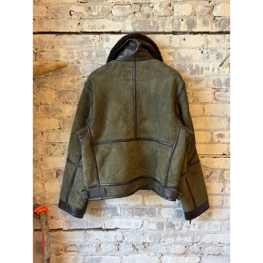 Men's Ralph Lauren Merino Shearling RL Flight Jacket in Myrtle Green and Dark Brown, featuring shearling collar and quilted details.