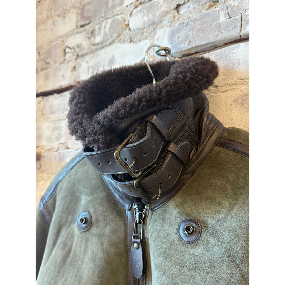 Men's Ralph Lauren Merino Shearling RL Flight Jacket in Myrtle Green and Dark Brown, with shearling collar and quilted details.