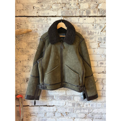 Men's Ralph Lauren Merino Shearling RL Flight Jacket in Myrtle Green and Dark Brown, featuring a cozy shearling collar and stylish design.