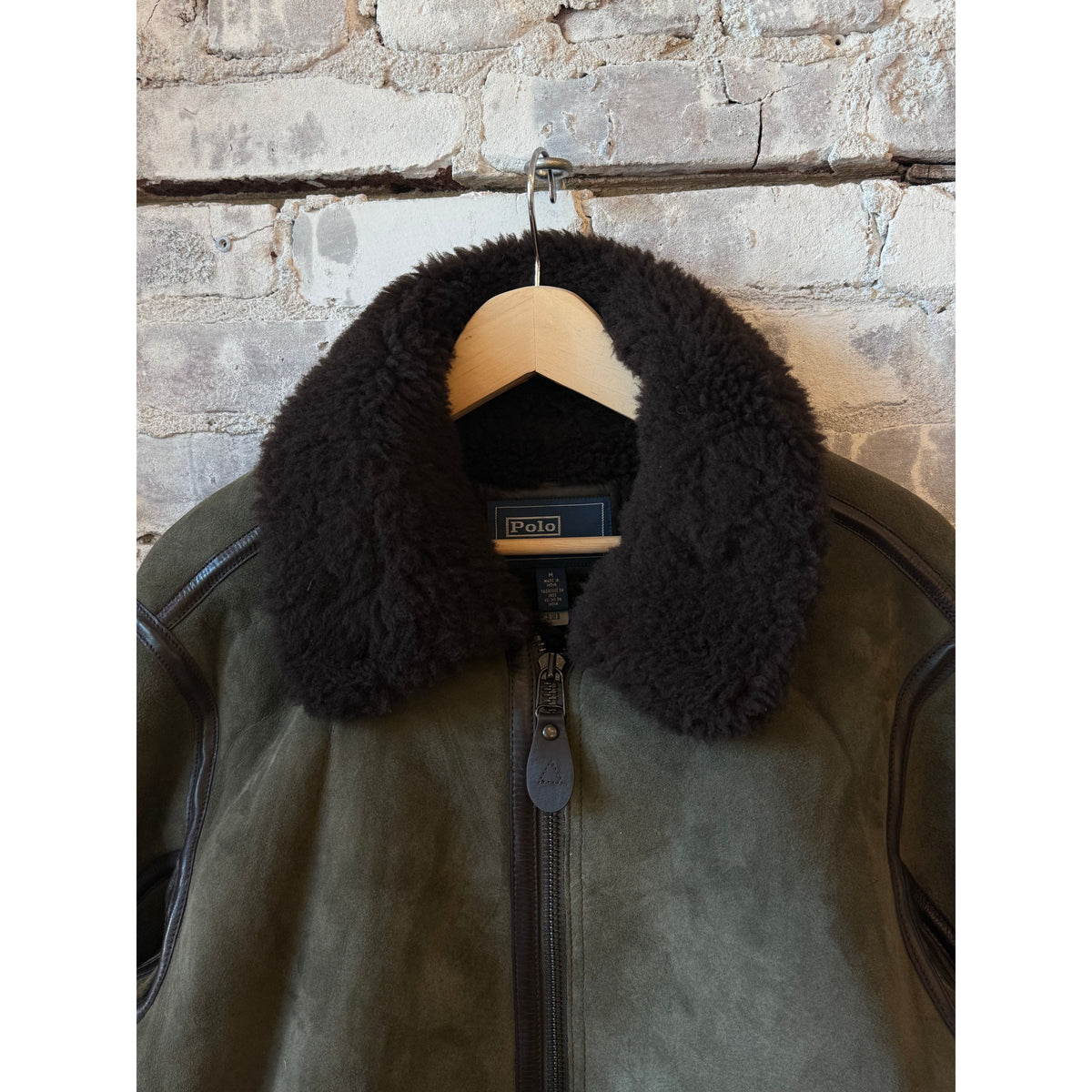 Men's Ralph Lauren Merino Shearling RL Flight Jacket in Myrtle Green and Dark Brown, showcasing the cozy shearling collar and quilted design.