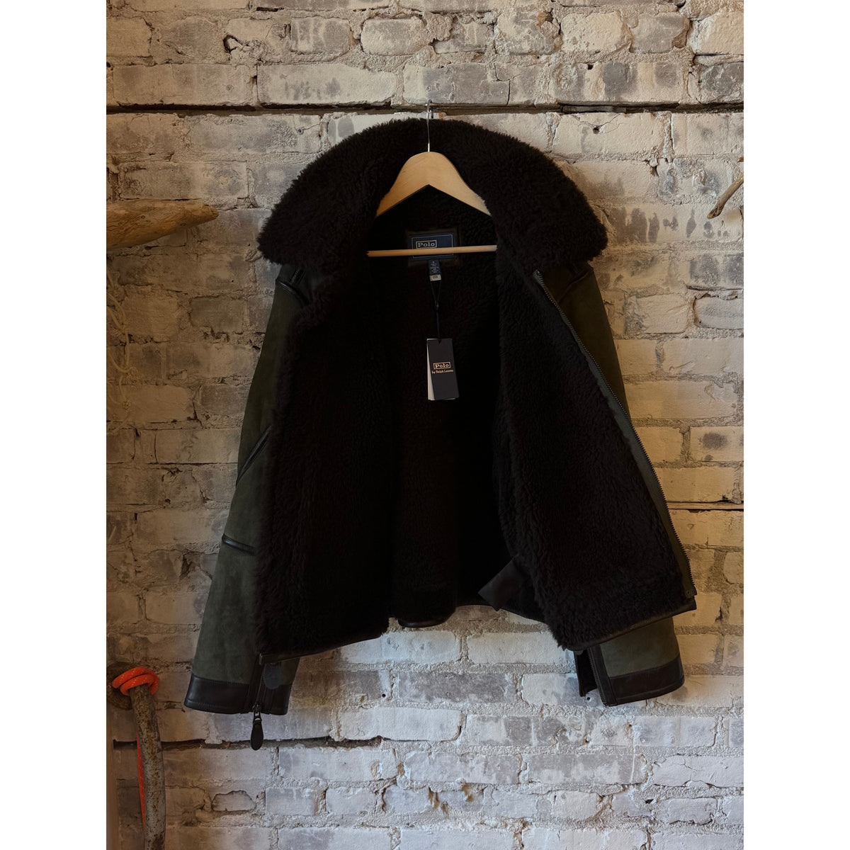 Men's Ralph Lauren Merino Shearling RL Flight Jacket in Myrtle Green and Dark Brown, featuring a cozy shearling collar and stylish design.