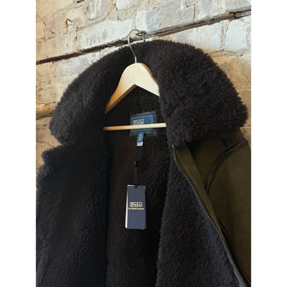 Men's Ralph Lauren Merino Shearling RL Flight Jacket in Myrtle Green and Dark Brown with cozy shearling collar and rugged style.