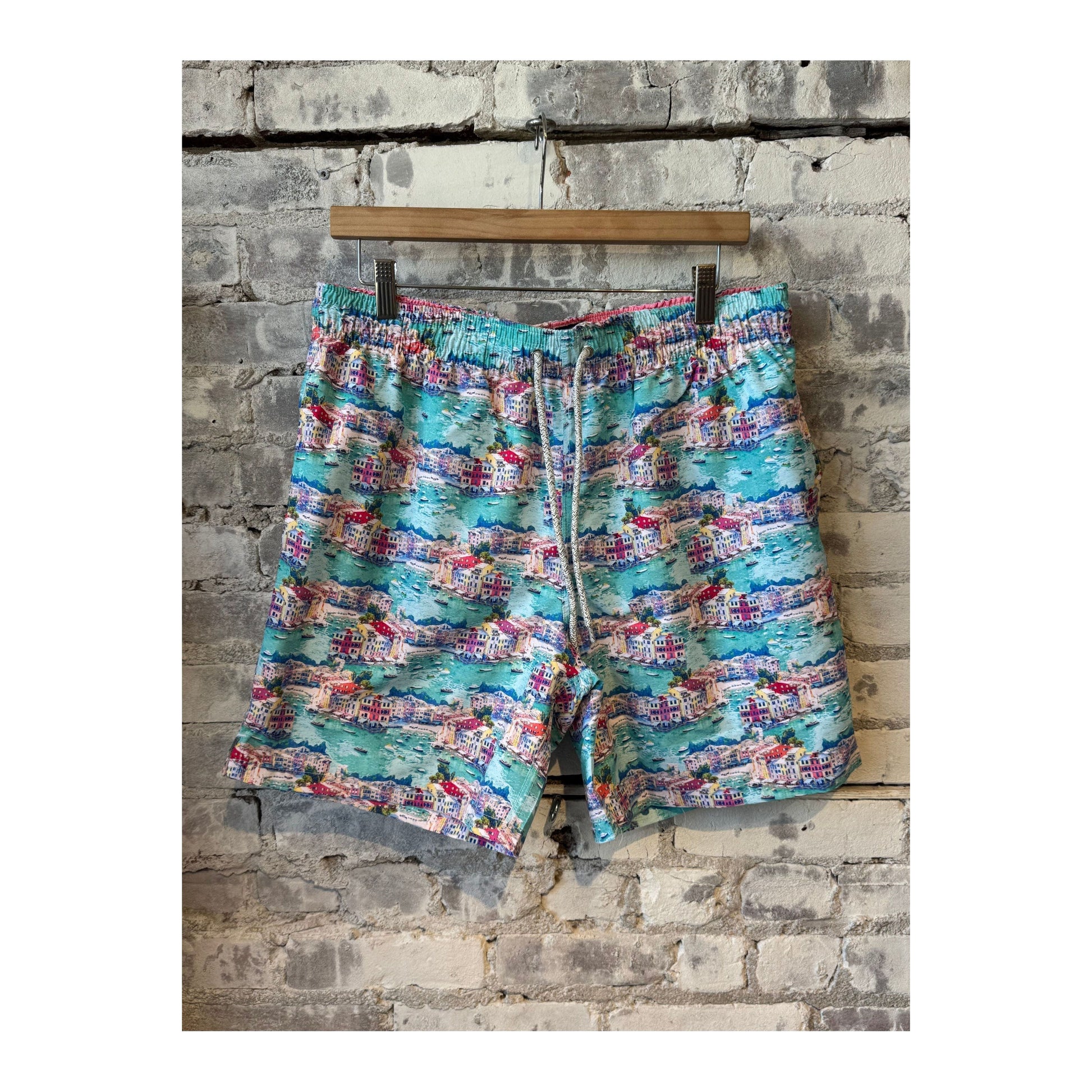 Men's Cyclist Liner Swim Trunks by Michael's Swim in Portofino Multi, featuring a colorful, patterned design perfect for swimming.