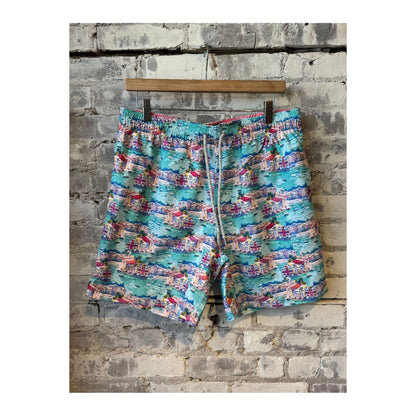 Men's Cyclist Liner Swim Trunks by Michael's Swim in Portofino Multi, featuring a colorful, patterned design perfect for swimming.