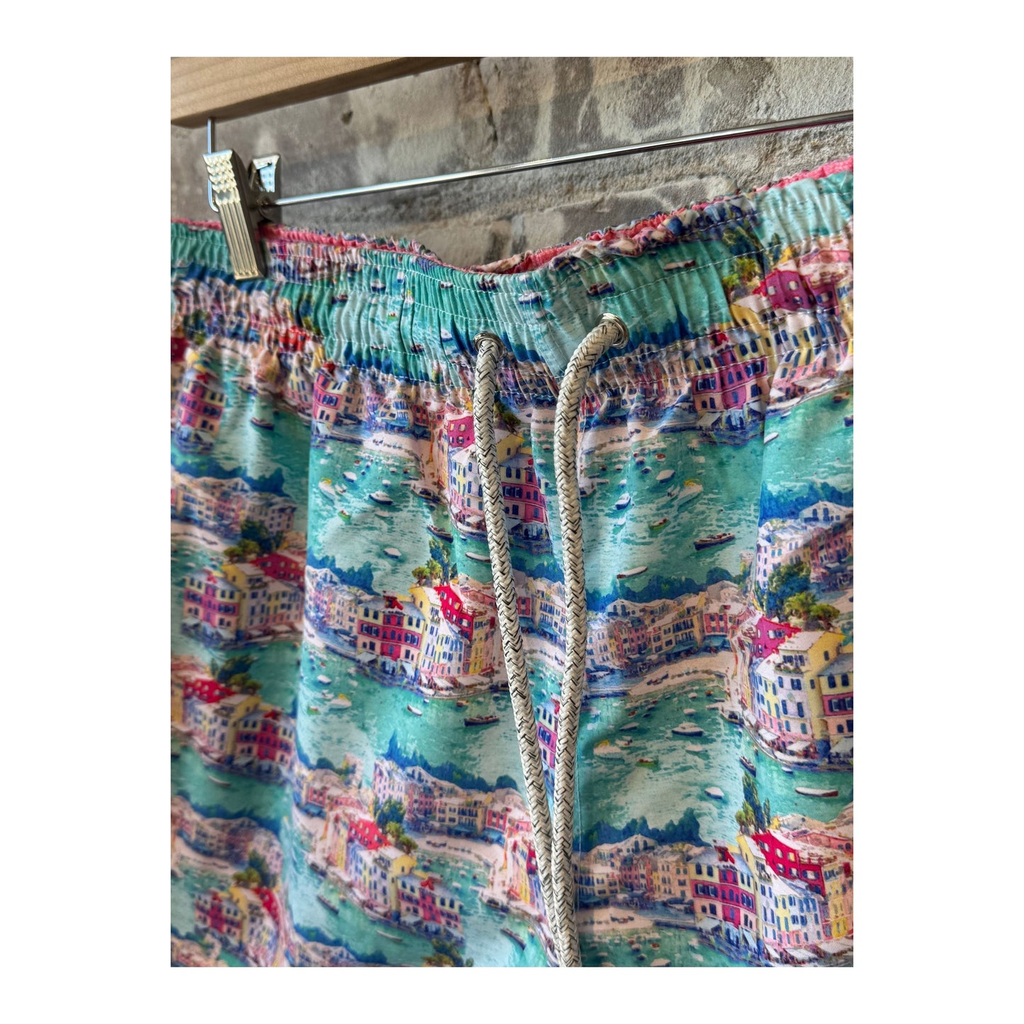 Men's Cyclist Liner Swim Trunks by Michael's Swim in Portofino Multi with colorful pattern and fitted design.