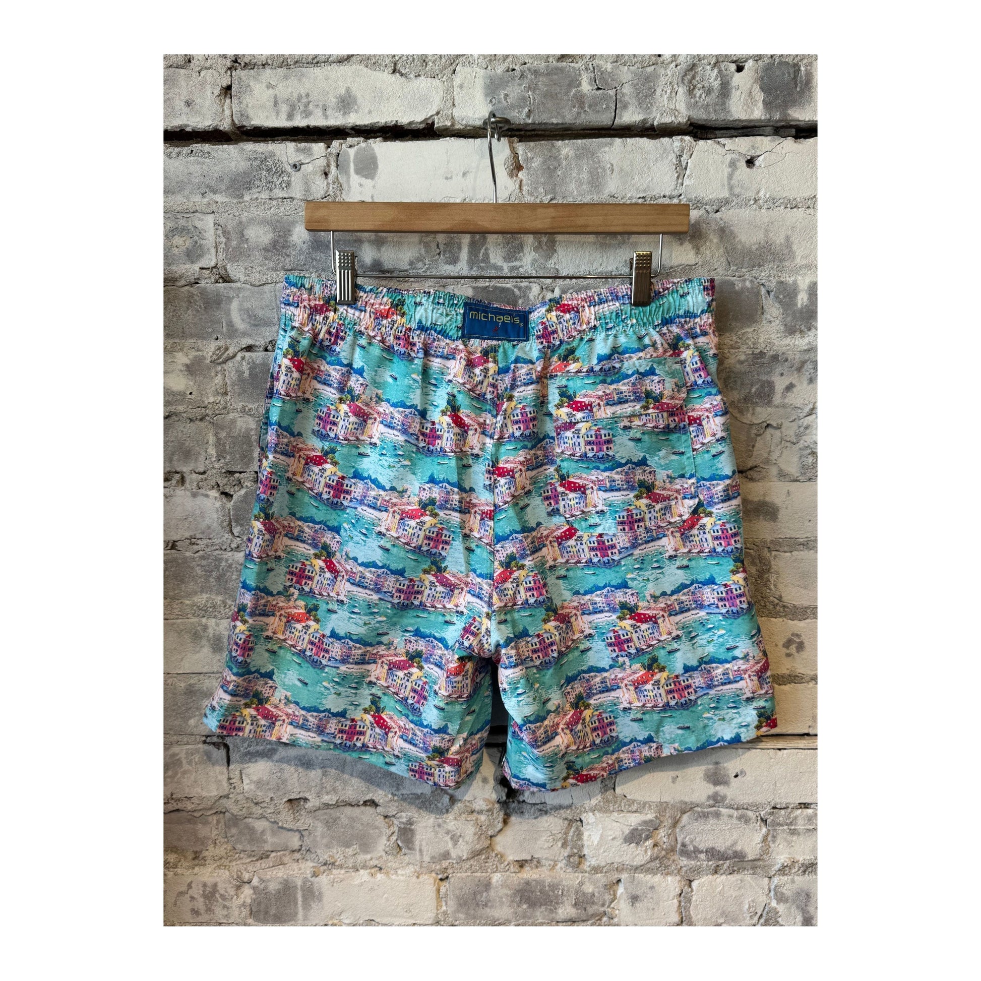 Men's Cyclist Liner Swim Trunks in Portofino Multi by Michael's Swim, featuring colorful, athletic swimwear design with a fitted liner.