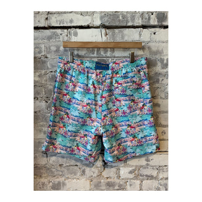 Men's Cyclist Liner Swim Trunks in Portofino Multi by Michael's Swim, featuring colorful, athletic swimwear design with a fitted liner.