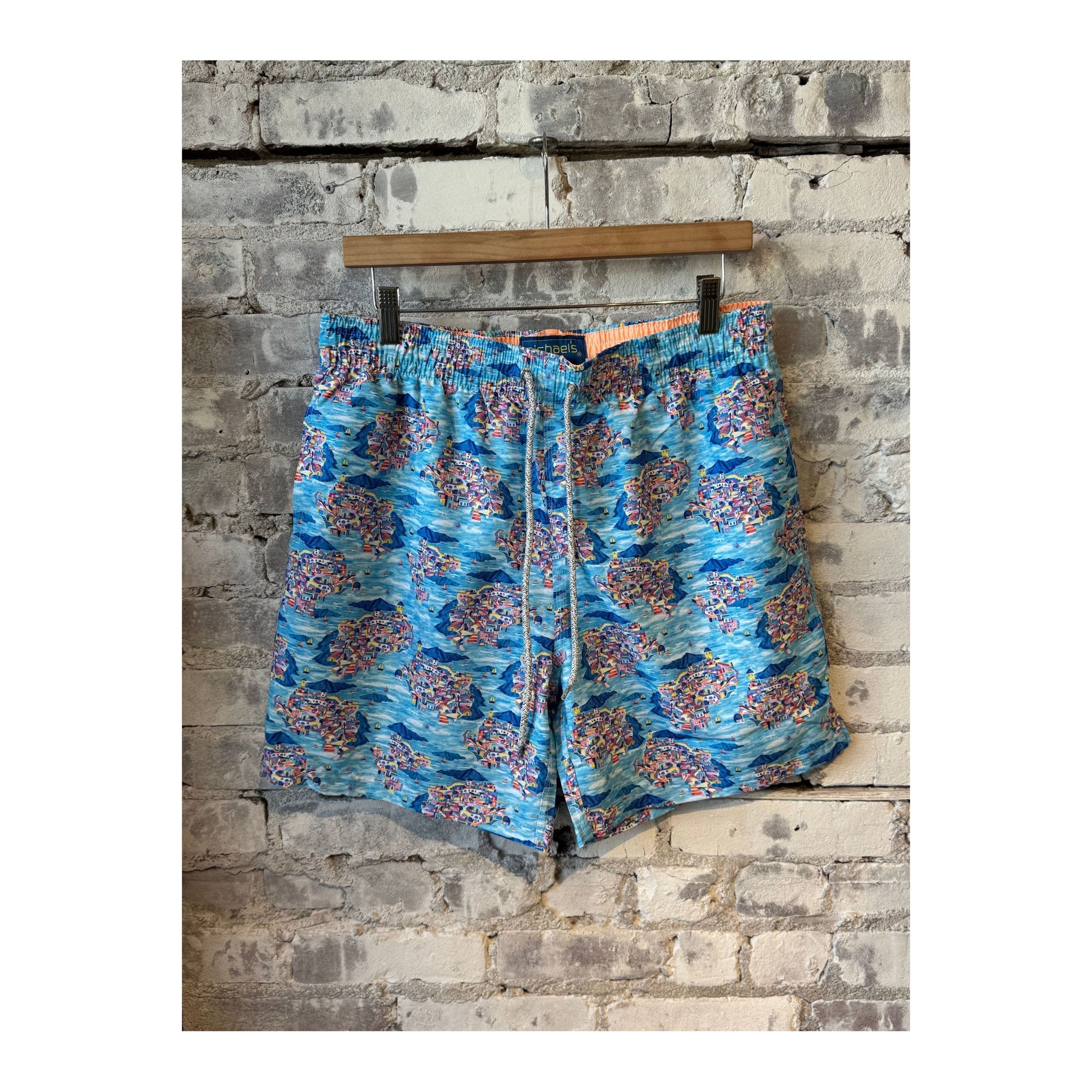 Men's Cyclist Liner Swim Trunks by Michael's Swim in Santorini Multi with vibrant, patterned fabric and comfortable fit.