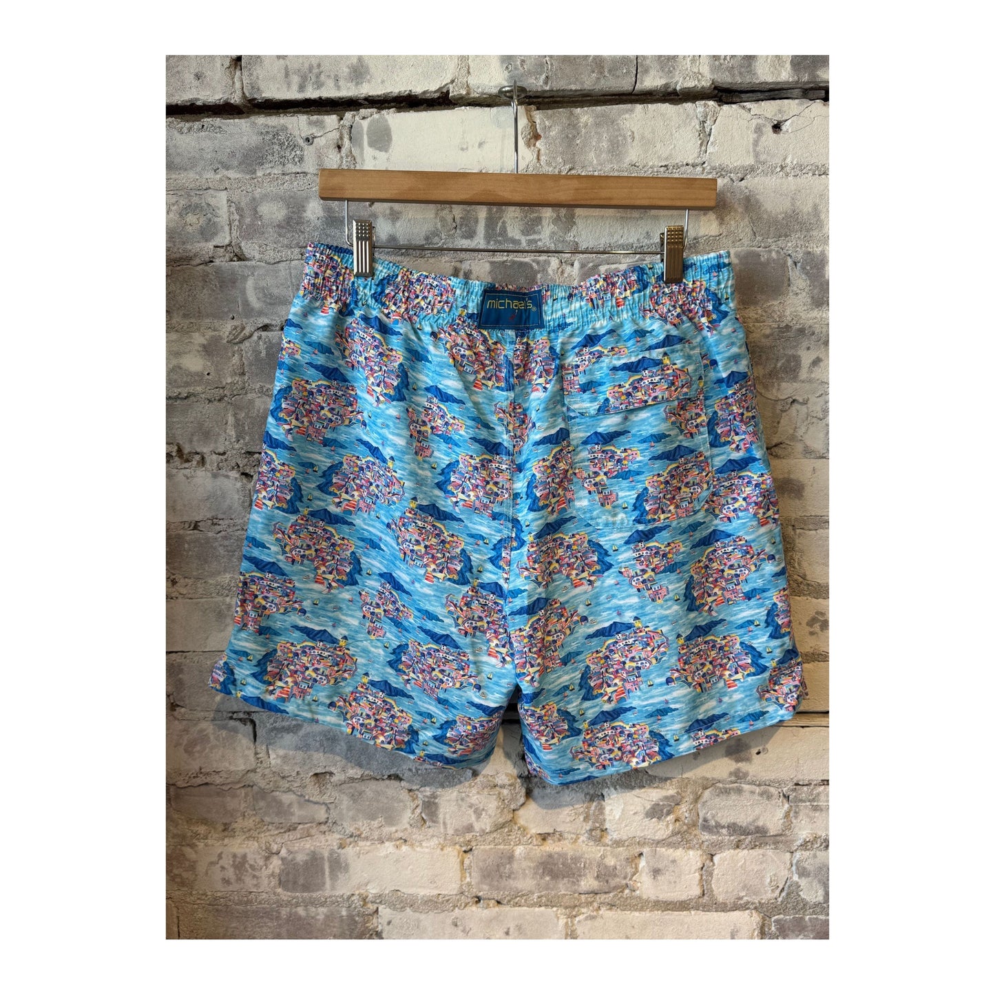 Men's Cyclist Liner Swim Trunks by Michael's Swim in Santorini Multi with vibrant, patterned fabric and adjustable waistband.