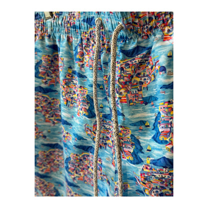 Men's Michael's Swim Cyclist Liner Swim Trunks in Santorini Multi with vibrant, patterned design and comfortable fit.