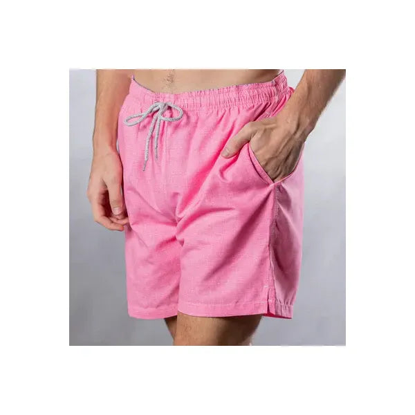 Men's Cyclist Liner Swim Trunks by Michael's Swim in coral solid linen, featuring a close-up side view of the swimwear fabric and design.