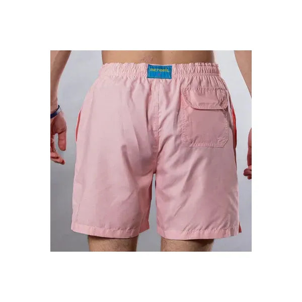 Men's pink solid linen cyclist liner swim trunks by Michael's Swim, shown from the back.